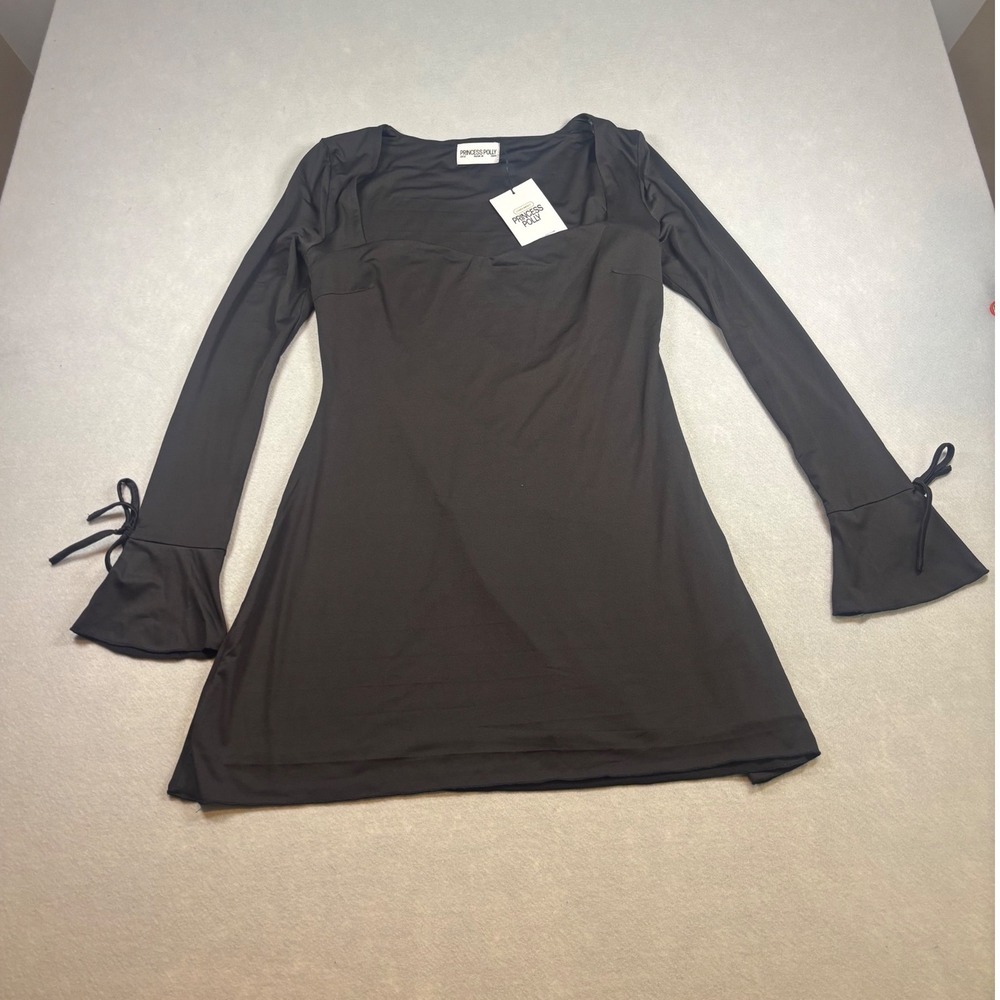Princess Polly Desina Long Sleeve Mini Dress Black Sweetheart Neck Tie Cuff 12